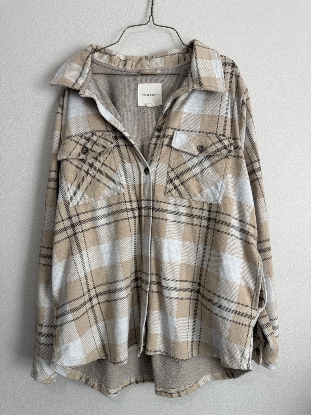 Thread & Supply Beige and Cream Plaid Button-Up Shacket